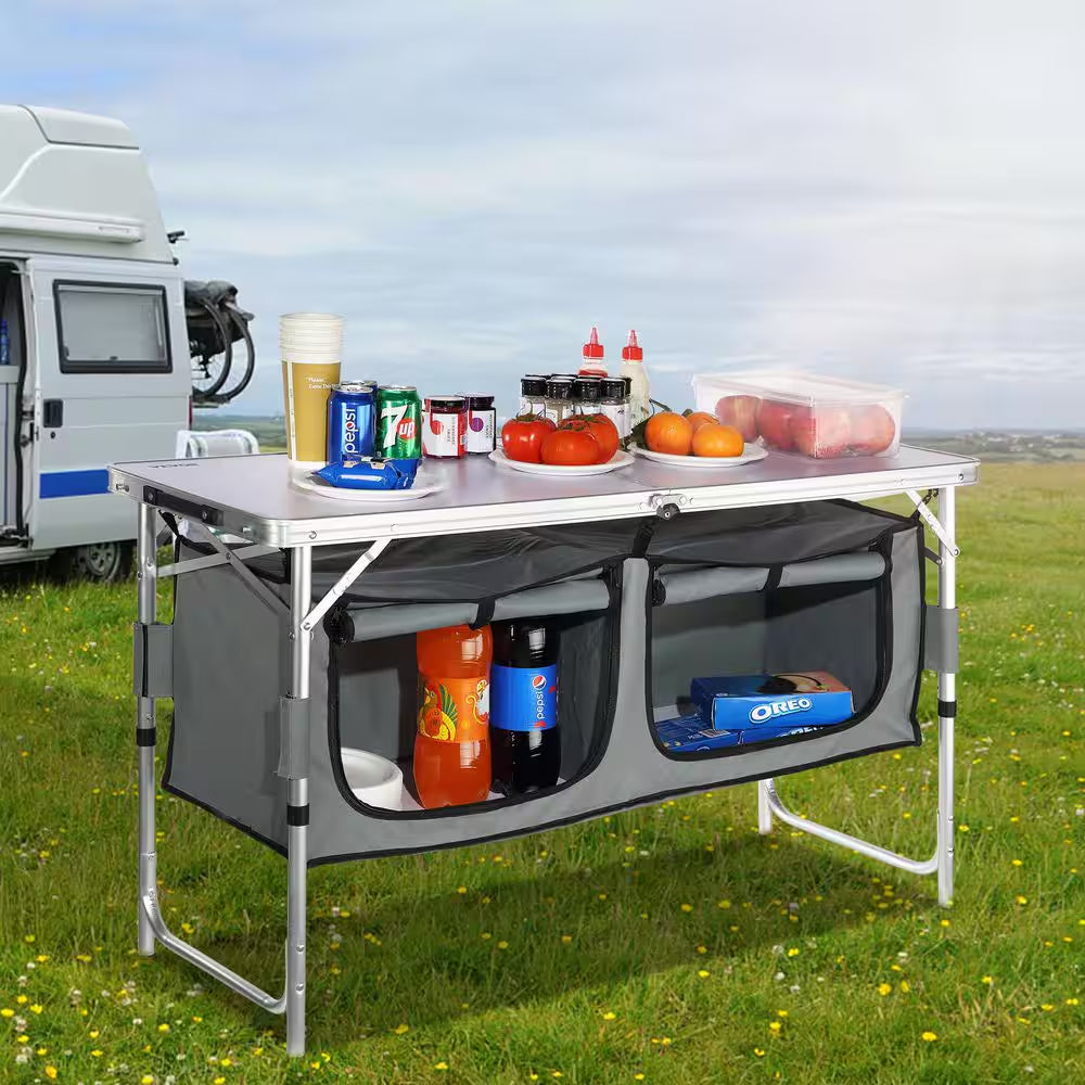 Camping Kitchen Table, Quick Set-Up Folding Camping Table, 3 Adjustable Heights, MDF Camping Table