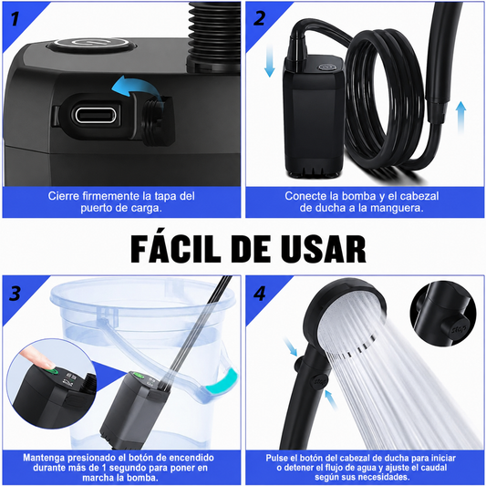 Ducha portátil para acampar: ducha recargable de 6000 mAh con cabezal, pantalla LED inteligente y bomba eléctrica