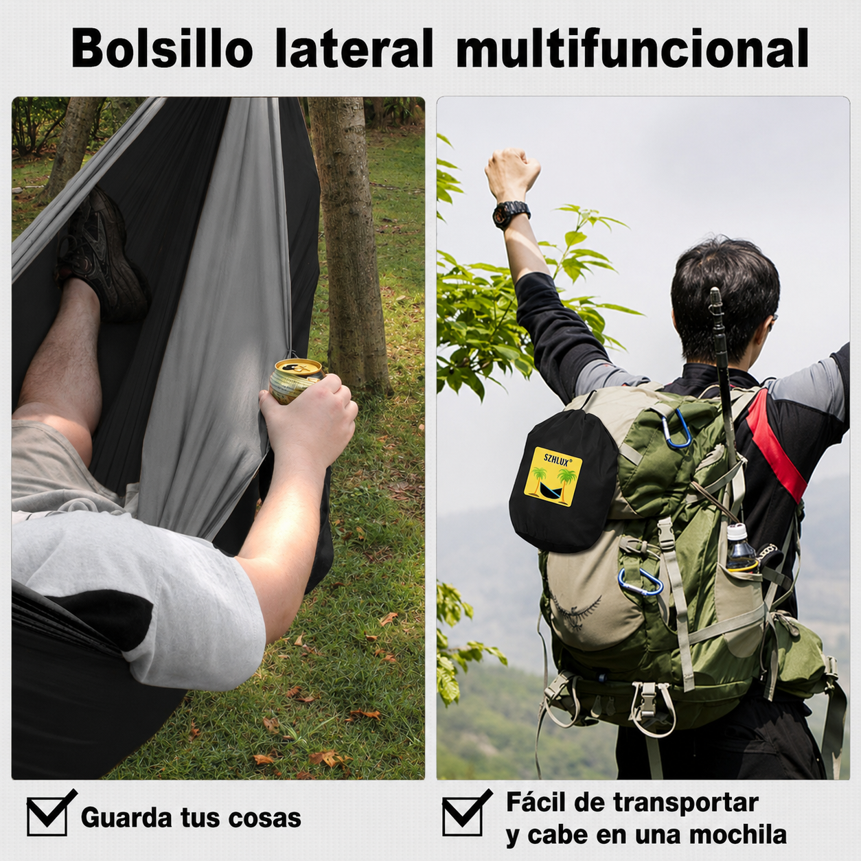 Hamaca doble portátil para acampar y accesorios de camping; ideal para senderismo, actividades al aire libre, playa y acampada.