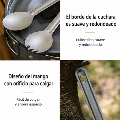 Cuchara-tenedor (spork) de titanio para acampada: utensilio portátil y ligero para actividades al aire libre, pícnic, senderismo y equipamiento de camping.