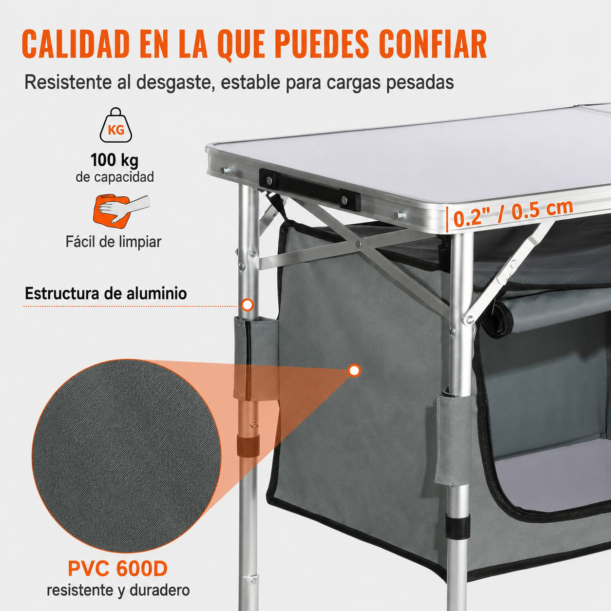 Mesa de cocina para camping, mesa plegable de montaje rápido, 3 alturas ajustables, mesa de camping de MDF