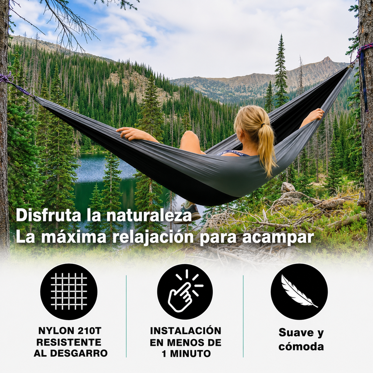 Hamaca doble portátil para acampar y accesorios de camping; ideal para senderismo, actividades al aire libre, playa y acampada.