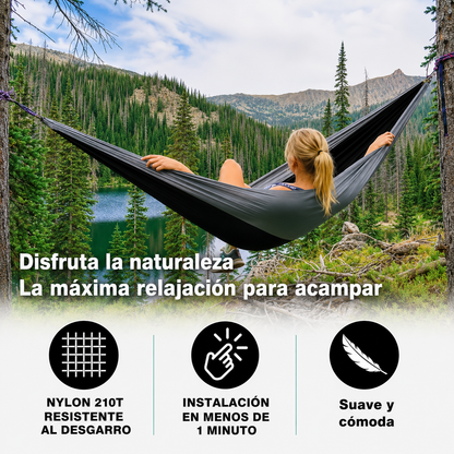 Hamaca doble portátil para acampar y accesorios de camping; ideal para senderismo, actividades al aire libre, playa y acampada.