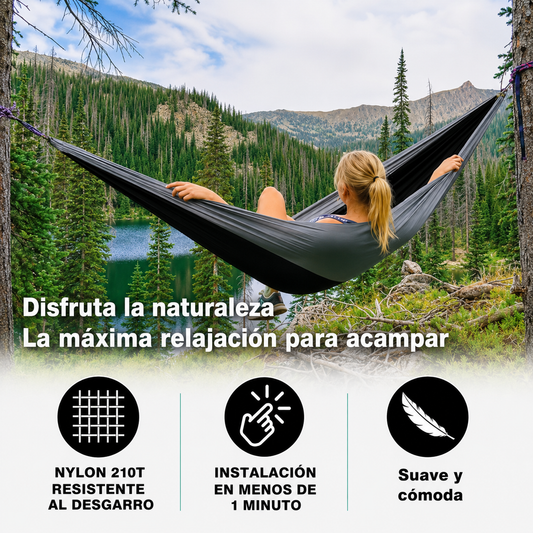 Hamaca doble portátil para acampar y accesorios de camping; ideal para senderismo, actividades al aire libre, playa y acampada.