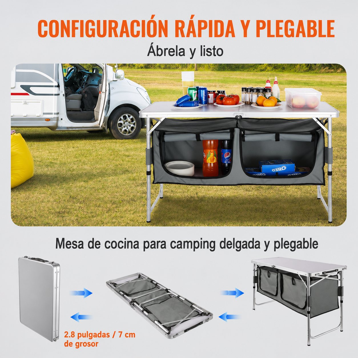 Mesa de cocina para camping, mesa plegable de montaje rápido, 3 alturas ajustables, mesa de camping de MDF