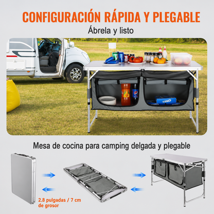 Mesa de cocina para camping, mesa plegable de montaje rápido, 3 alturas ajustables, mesa de camping de MDF