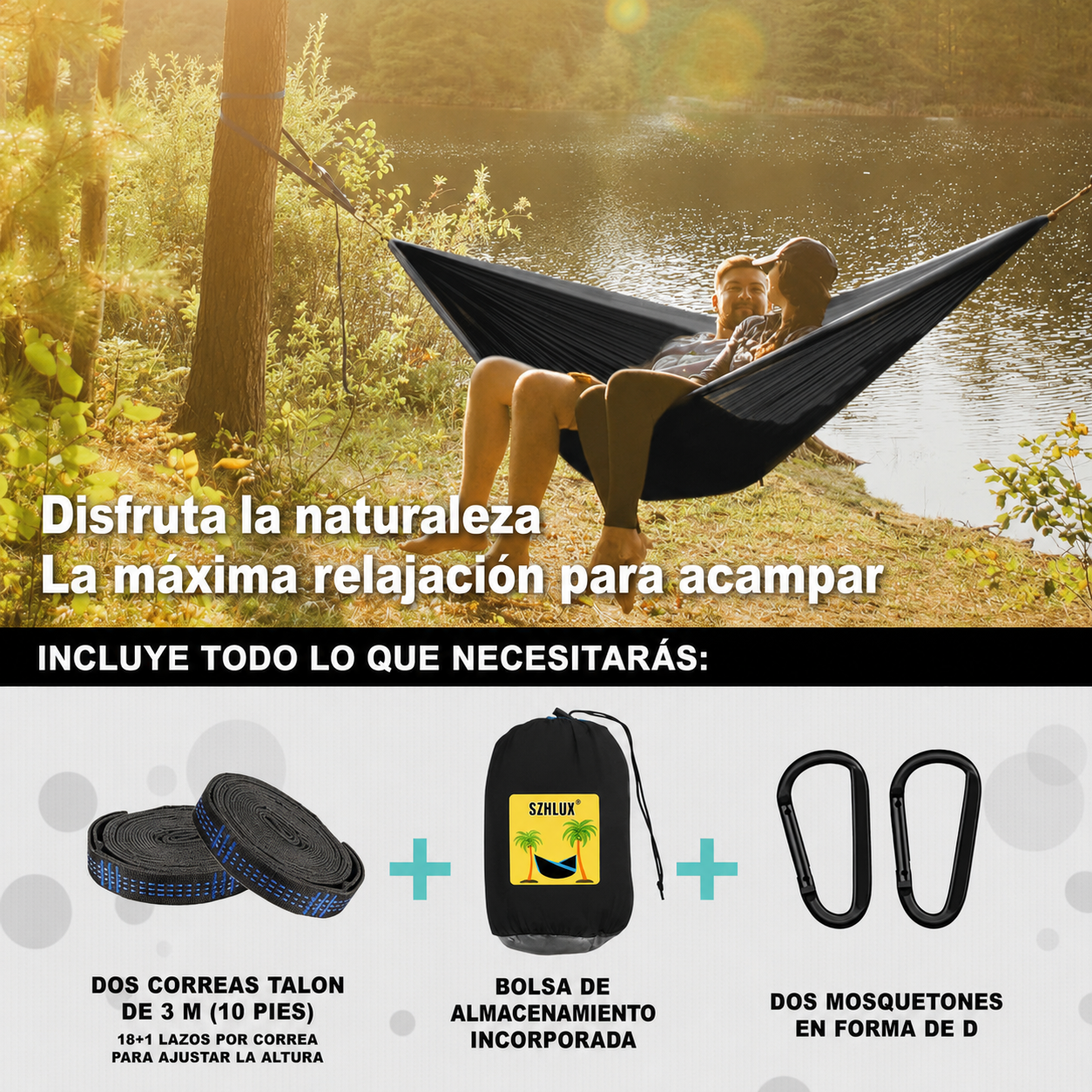 Hamaca doble portátil para acampar y accesorios de camping; ideal para senderismo, actividades al aire libre, playa y acampada.