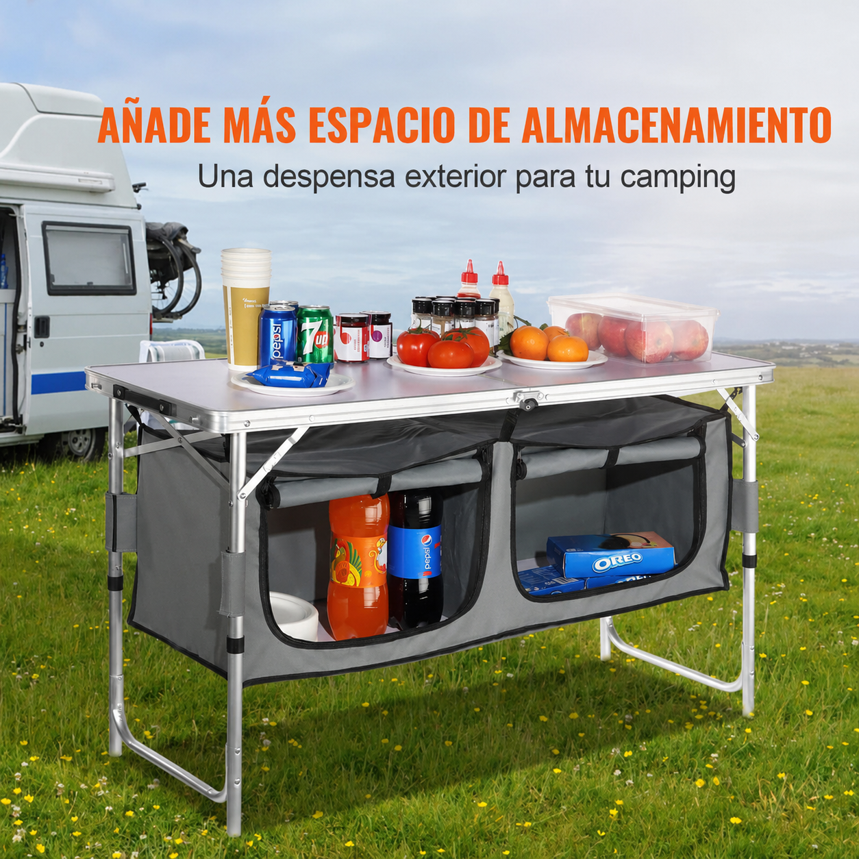 Mesa de cocina para camping, mesa plegable de montaje rápido, 3 alturas ajustables, mesa de camping de MDF