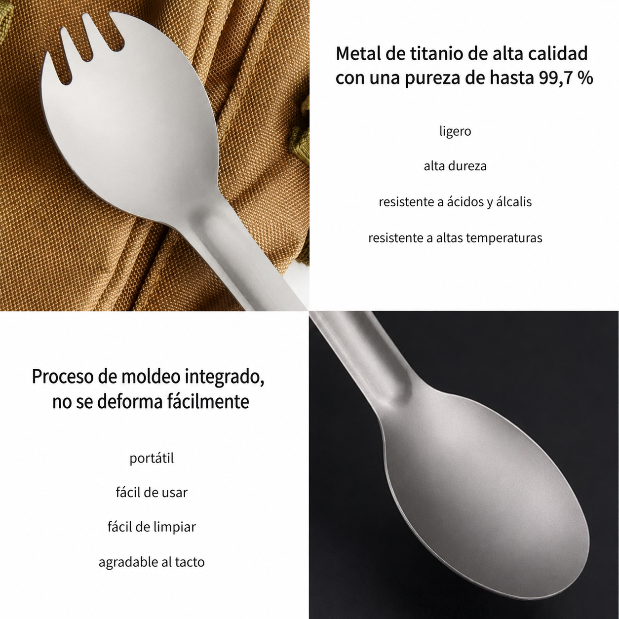 Cuchara-tenedor (spork) de titanio para acampada: utensilio portátil y ligero para actividades al aire libre, pícnic, senderismo y equipamiento de camping.