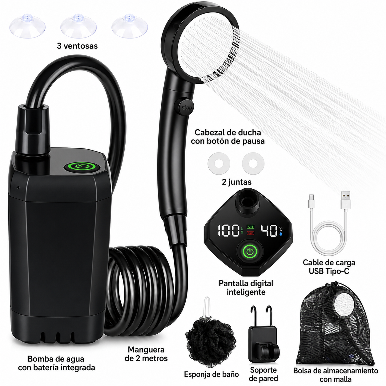 Ducha portátil para acampar: ducha recargable de 6000 mAh con cabezal, pantalla LED inteligente y bomba eléctrica