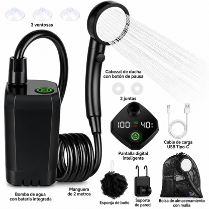 Ducha portátil para acampar: ducha recargable de 6000 mAh con cabezal, pantalla LED inteligente y bomba eléctrica